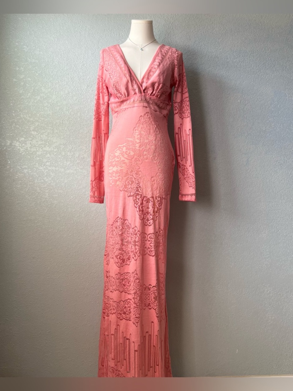 Y2K Pink Lace Maxi Dress Boho Festival Bodycon Sheer Long Sleeve Size L
